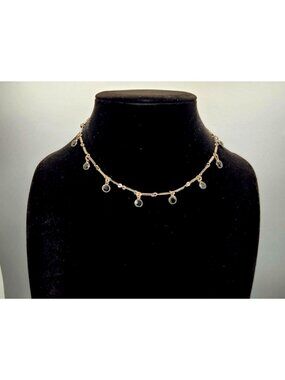 Dainty Silver Tone Station Necklace With Dangling Black Stone Accents & Lobster